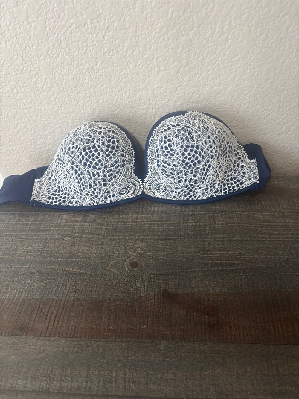 Strapless Lace Overlay Bra - Navy & White